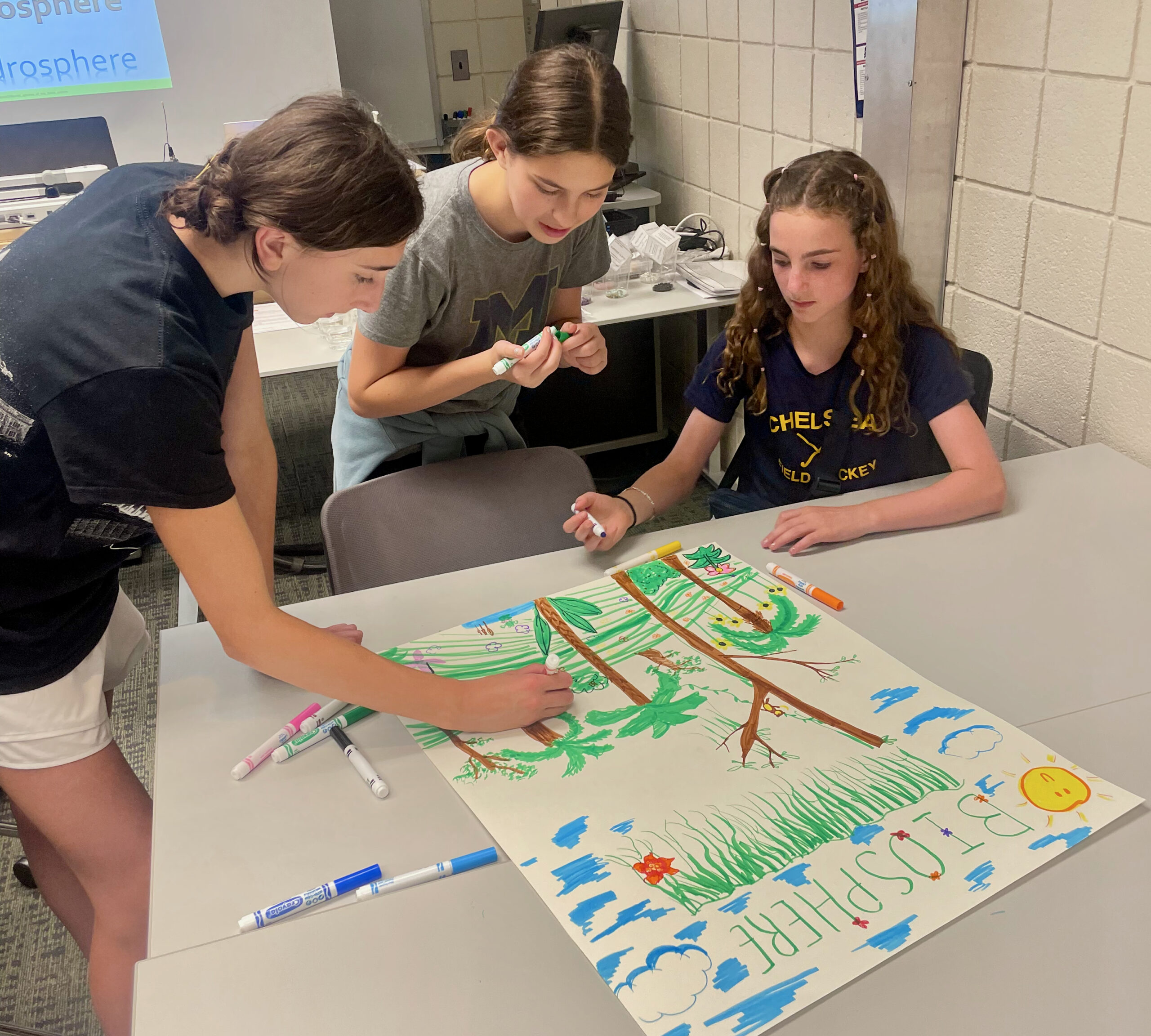Campers work together on a poster during WISE's GISE camp. The word Biosphere is at the top of the poster.